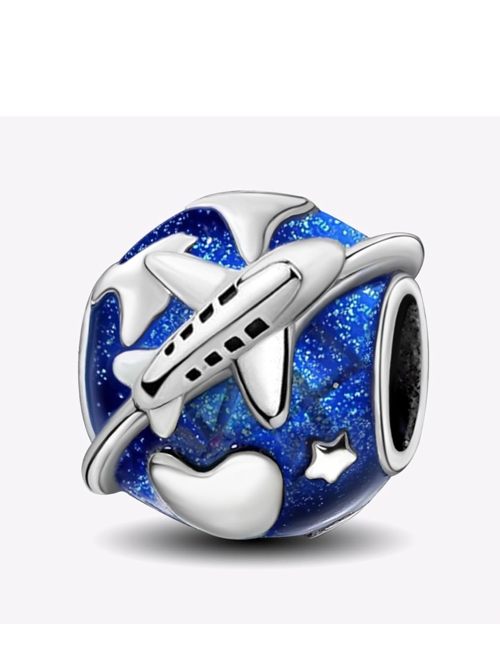 Sterling Silver Blue Glitter Airplane Travel Globe Charm